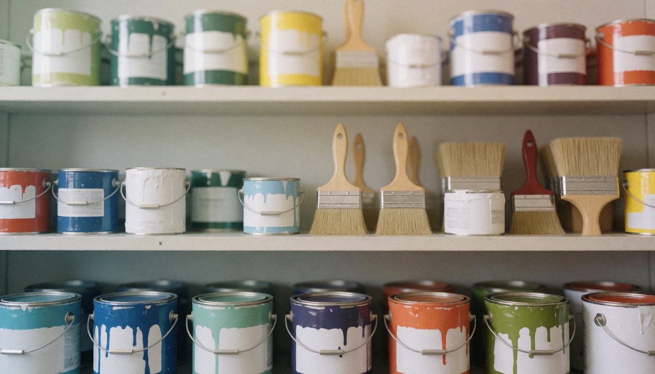 Assorted paint cans and brushes arranged on a wooden shelf, providing a soft, harmonious background suitable for commercial text overlays and web design projects.