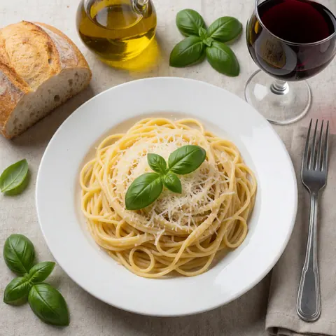 Top view of a pasta dish with fresh basil and grated cheese, served with bread, olive oil, red wine, and cutlery on a wooden table.