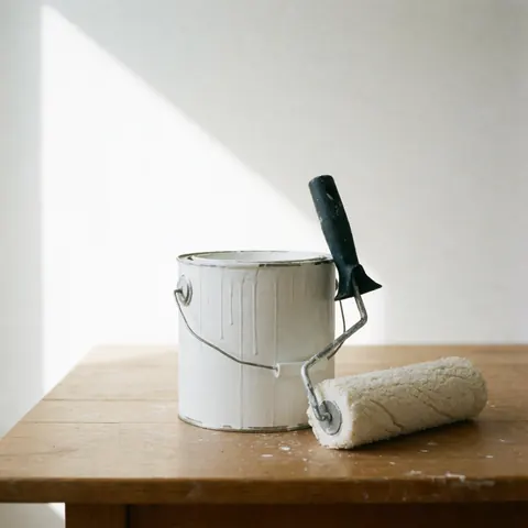 A white paint container and roller rest on a wooden table, illuminated by natural light, ideal for interior painting projects.