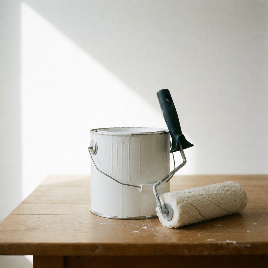 A white paint container and roller rest on a wooden table, illuminated by natural light, ideal for interior painting projects.