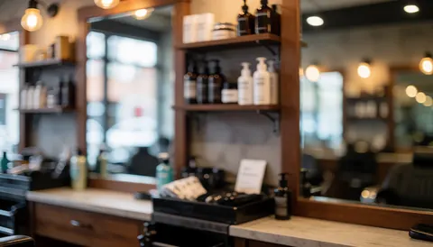 Blurred barbershop interior featuring product shelves, mirrors, and warm lighting with a soft bokeh effect suitable for text overlays