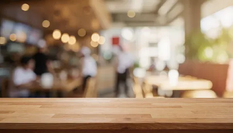 An empty wooden dining table set against a softly blurred restaurant interior, providing ample copy space for text overlays.