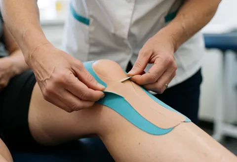 Close-up of a physical therapist's hands applying blue kinesiology tape to a patient's knee in a clinical setting