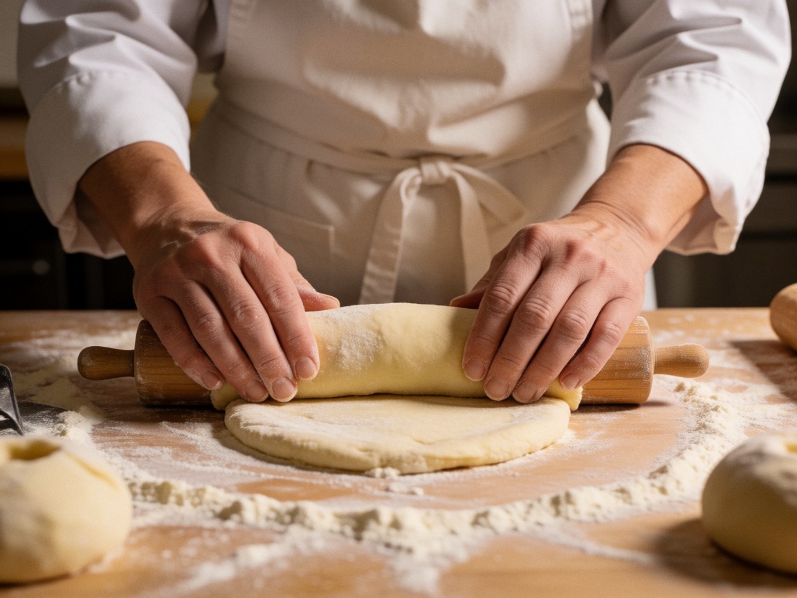 Chef rolling fresh dough with a wooden rolling pin on a floured wooden table in a warm kitchen