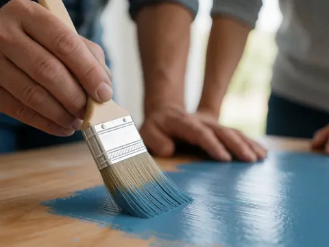 Detailed view of hands holding a paintbrush applying blue paint, showcasing the texture and manual work involved in house painting projects