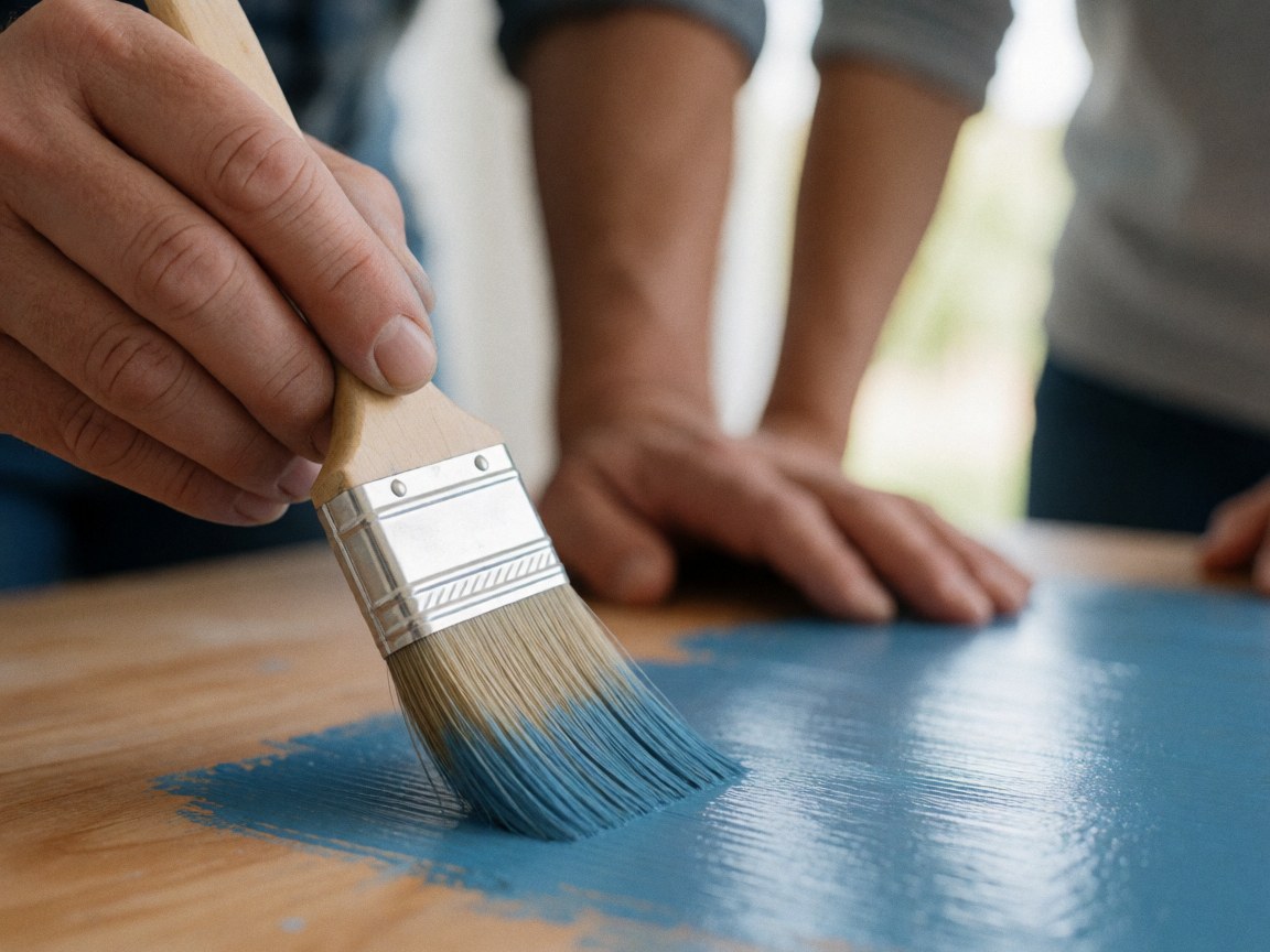 Detailed view of hands holding a paintbrush applying blue paint, showcasing the texture and manual work involved in house painting projects
