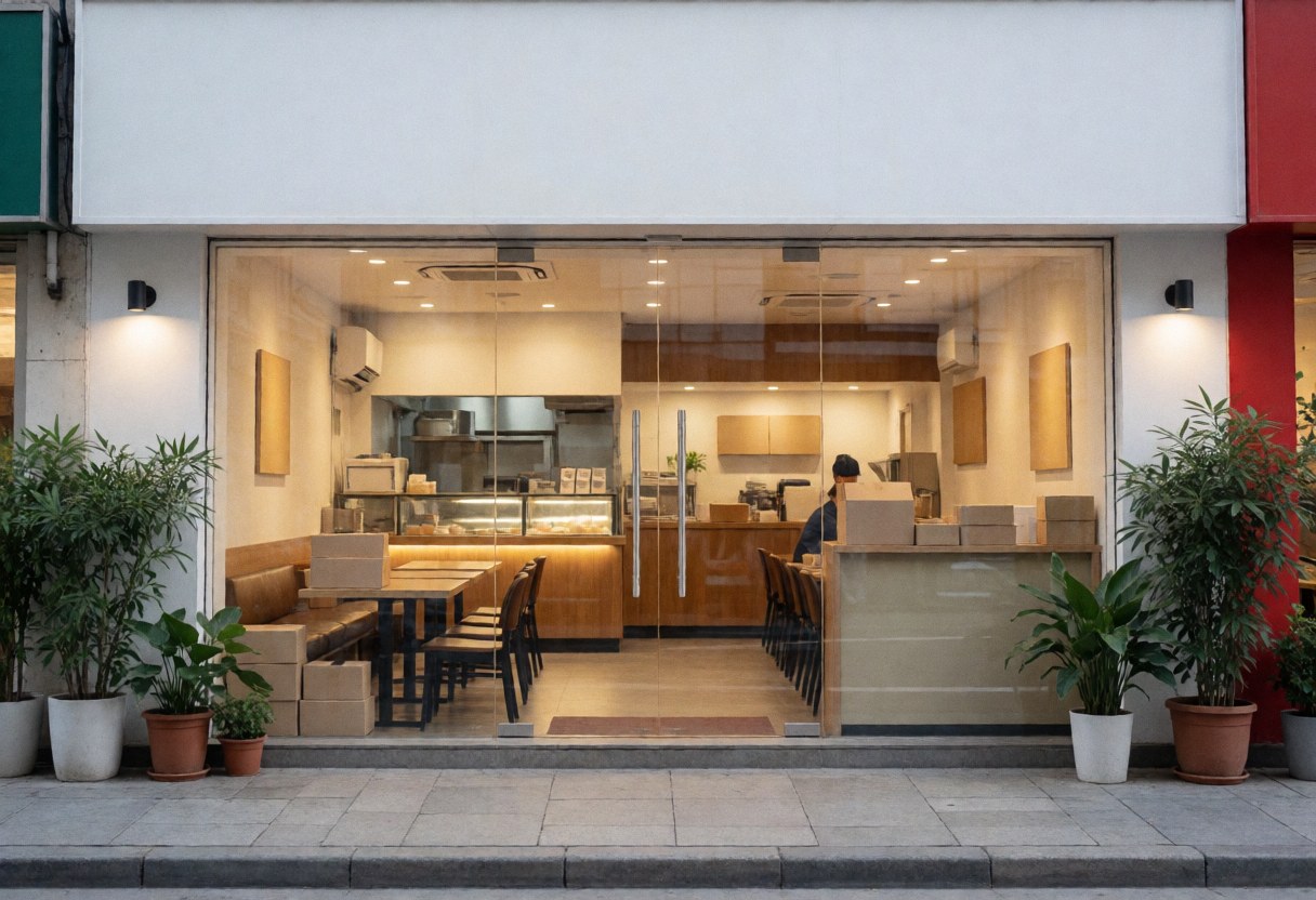 Restaurant exterior featuring glass doors, potted plants, and warm light. Interior visible with tables and chairs. Ideal for food business.