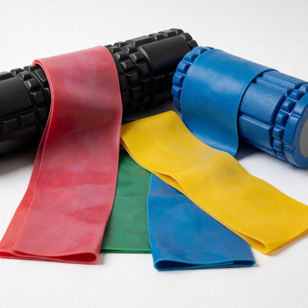 Colorful resistance bands and foam rollers arranged on a white background, ideal for physical therapy and rehabilitation product photography.