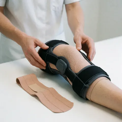 Physical therapist adjusting a knee brace on a patient lying on a white table with medical tape nearby in a clean clinical setting