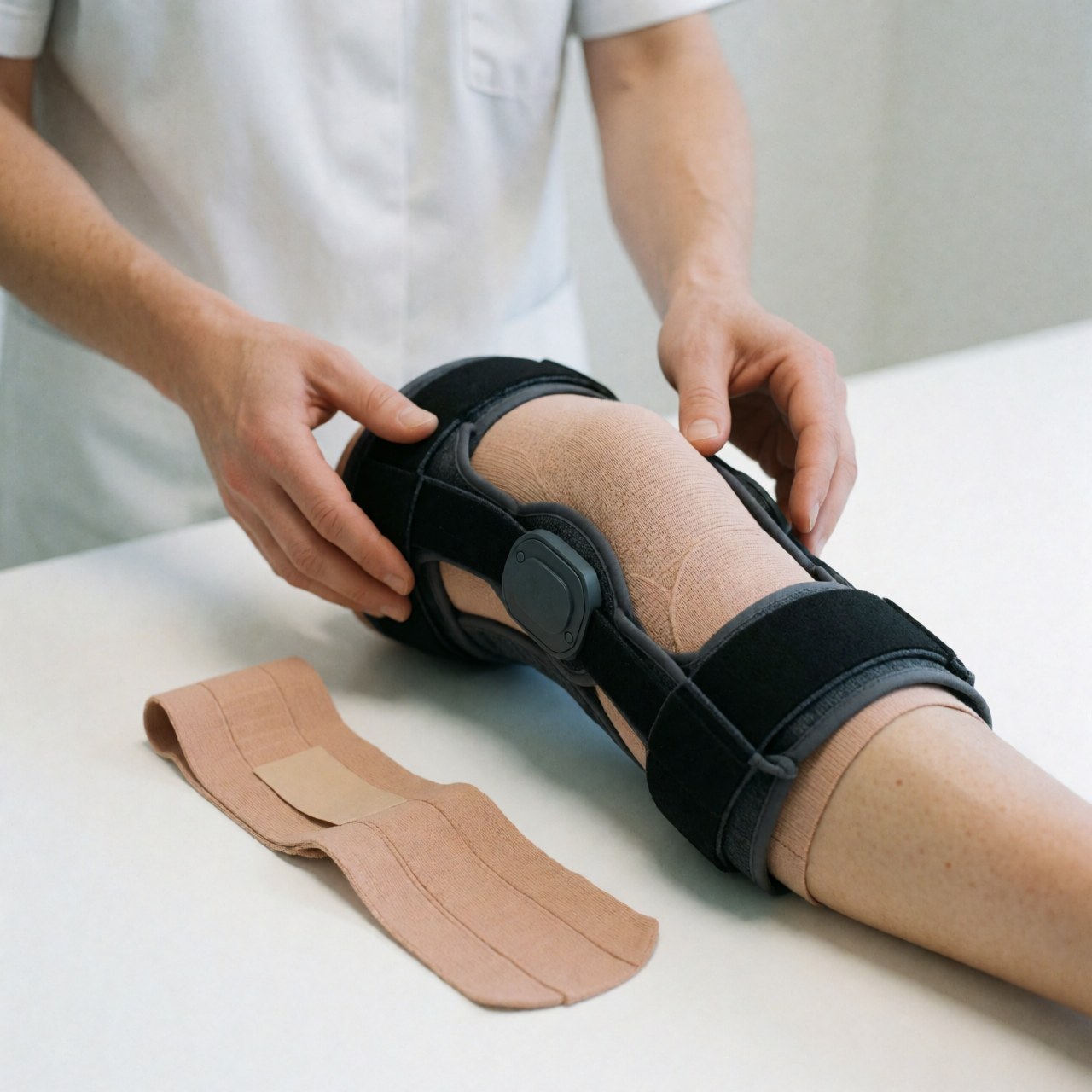 Physical therapist adjusting a knee brace on a patient lying on a white table with medical tape nearby in a clean clinical setting
