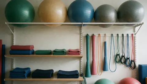Soft focus background of physical therapy equipment including exercise balls and resistance bands on shelves, suitable for text overlay