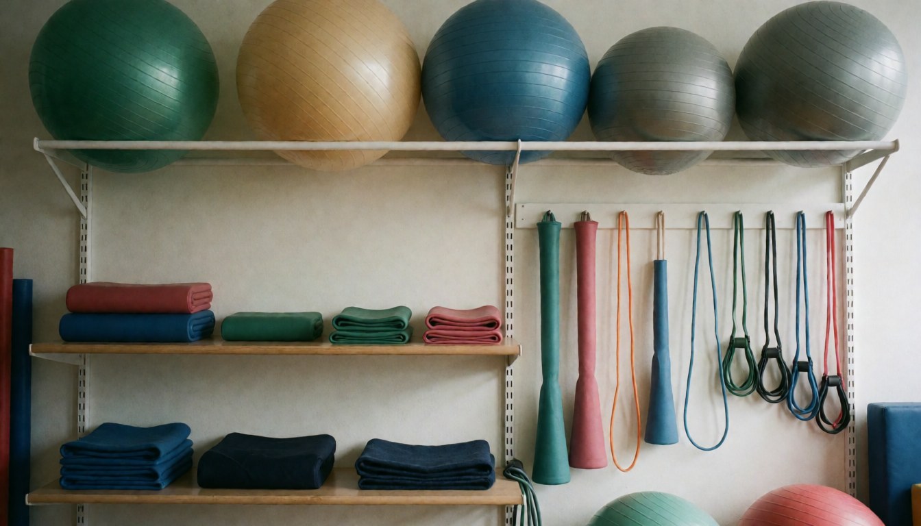 Soft focus background of physical therapy equipment including exercise balls and resistance bands on shelves, suitable for text overlay