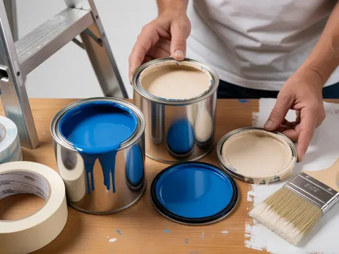 Work table with blue and beige paint cans, brush, tape, and ladder for interior and exterior painting projects