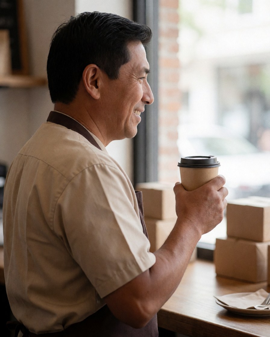A smiling male customer holding a cup of coffee while sitting at a wooden table near a window with natural light in a warm restaurant interior