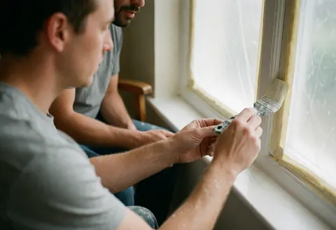 A painter carefully applies paint to a window frame using masking tape, with tools visible in natural light.