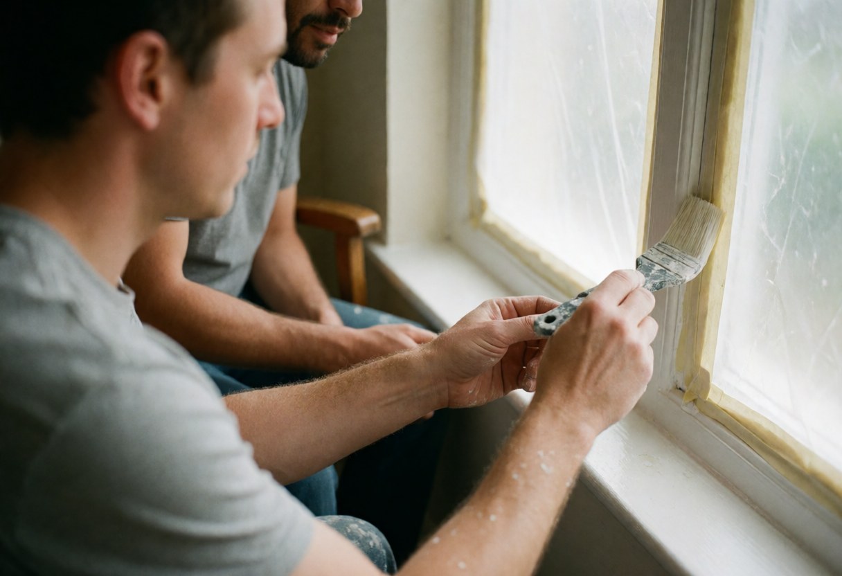 A painter carefully applies paint to a window frame using masking tape, with tools visible in natural light.