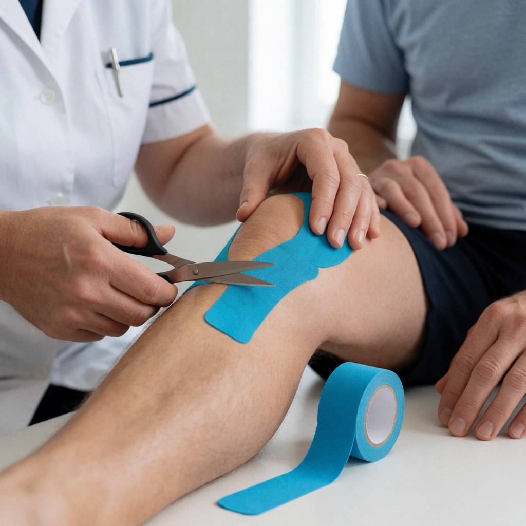 Physical therapist applying blue kinesiology tape to a patient's knee with scissors and tape roll on a white table in a clean clinical setting