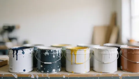 Various colored paint cans arranged on a workshop shelf with a soft blurred background, suitable for house painting business text overlay