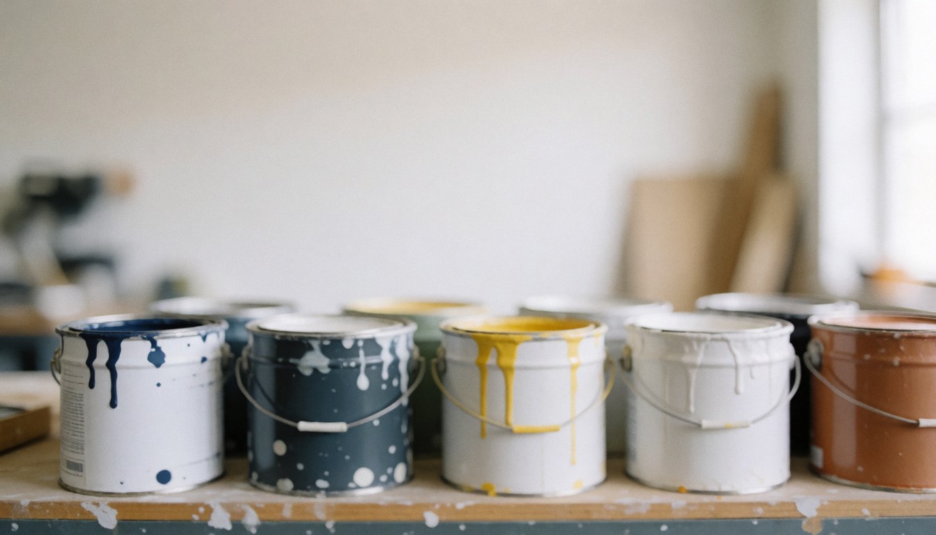Various colored paint cans arranged on a workshop shelf with a soft blurred background, suitable for house painting business text overlay