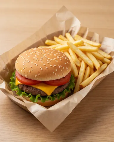 A cheeseburger with tomato and lettuce on a seeded bun served with golden fries in a paper box on a light wooden table with soft professional lighting
