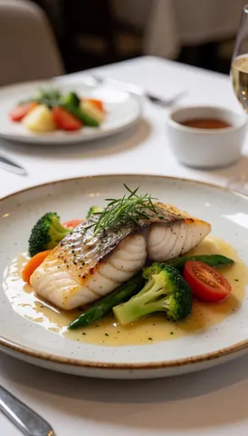 A ceramic plate featuring a freshly served main course of fish, broccoli, spinach, and tomato sauce on a dining table