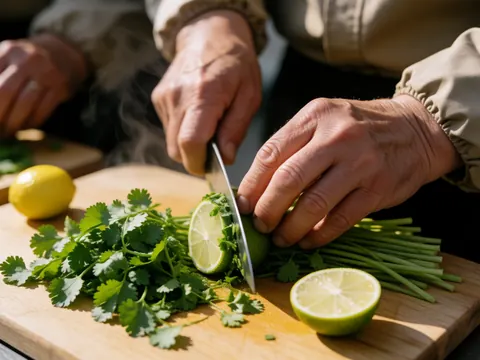 Adult hands slicing fresh cilantro and lime on a wooden cutting board with natural light and soft steam in a restaurant kitchen setting