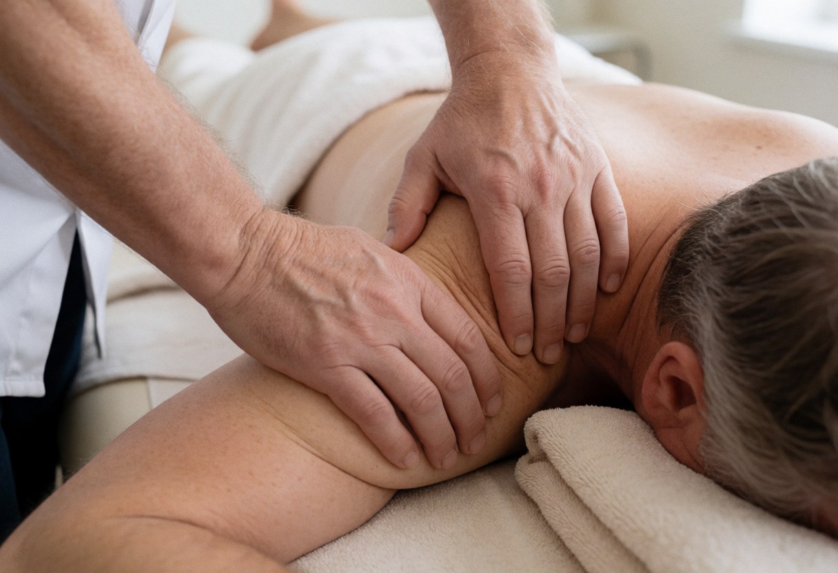 A physical therapist uses their hands to perform manual therapy on a client's shoulder while the client lies on a treatment table covered with towels.