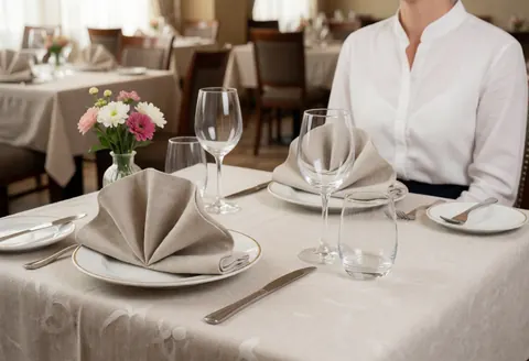 An elegant restaurant table set with a white tablecloth, folded napkins, fine china, glassware, and fresh flowers in a warm professional setting.