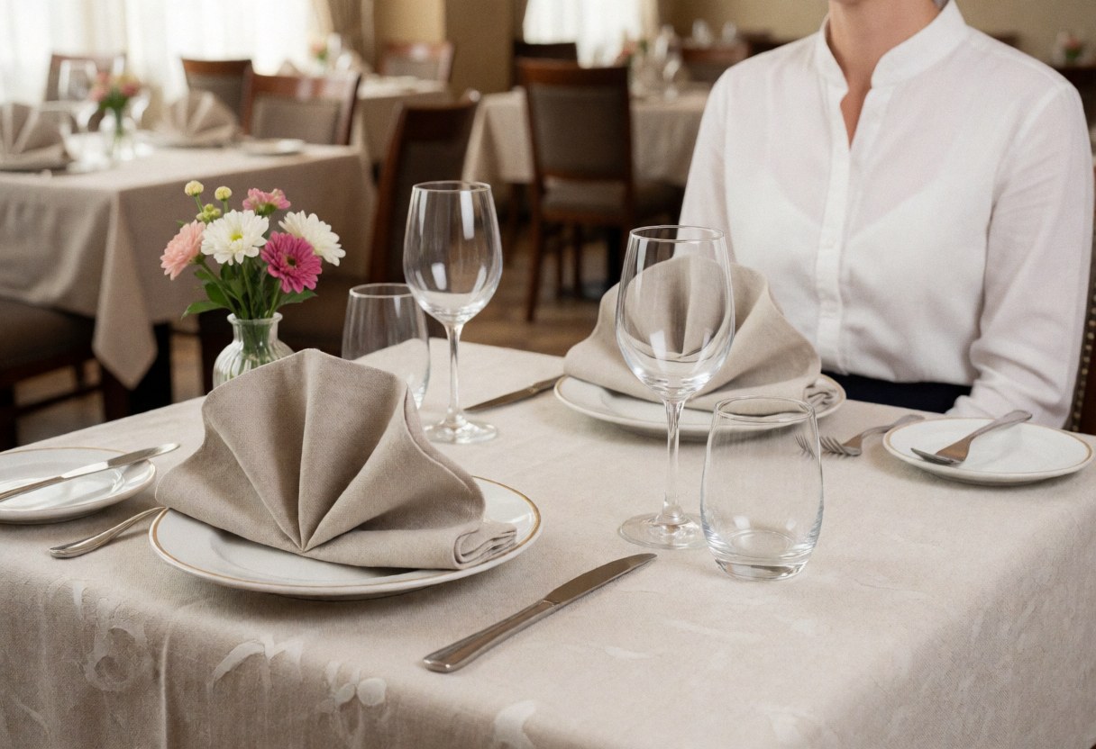 An elegant restaurant table set with a white tablecloth, folded napkins, fine china, glassware, and fresh flowers in a warm professional setting.