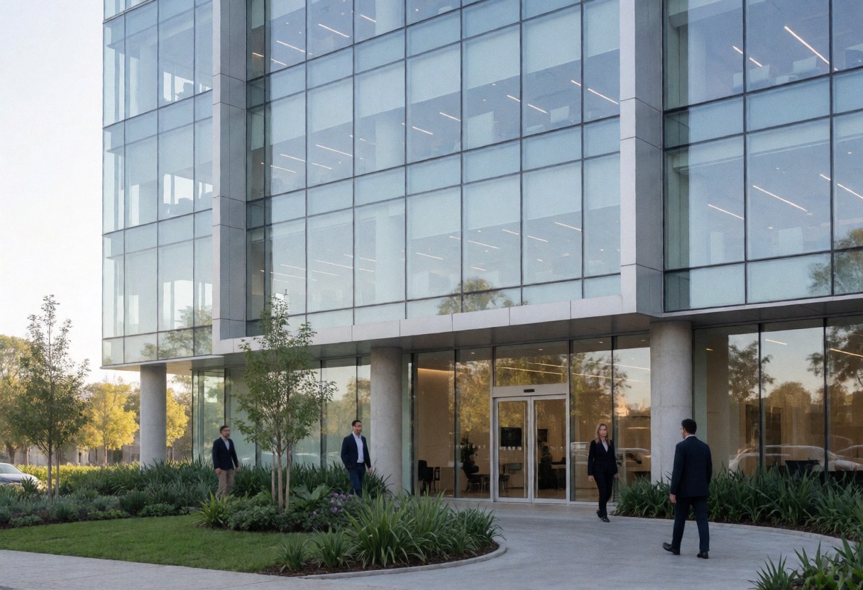Contemporary office building featuring a glass facade, a garden entrance, and people walking outside, suitable for professional presentations and training.