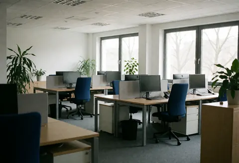 Empty modern office featuring desks, blue chairs, computers, and green plants with natural light from windows, ideal for human resources.