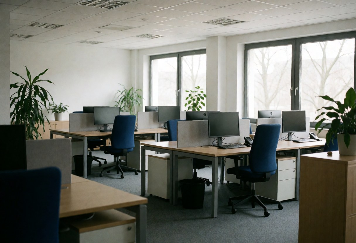 Empty modern office featuring desks, blue chairs, computers, and green plants with natural light from windows, ideal for human resources.