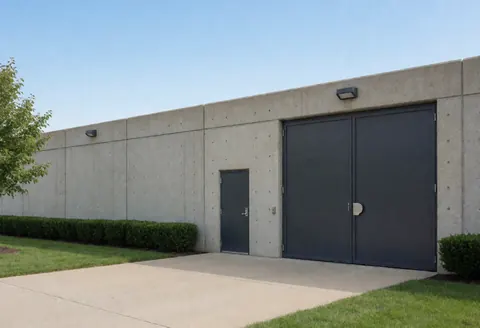 Exterior facade of an industrial building featuring large metal doors, concrete walls, green lawn, and shrubs under a clear blue sky.