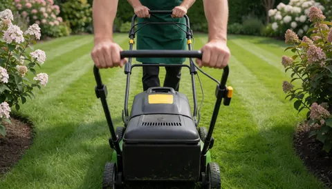 A professional worker using a lawn mower to maintain green spaces and landscaping in an outdoor garden area