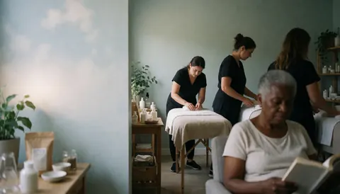 A serene spa setting featuring a treatment table, soft lighting, and green plants to promote calm and mental well-being