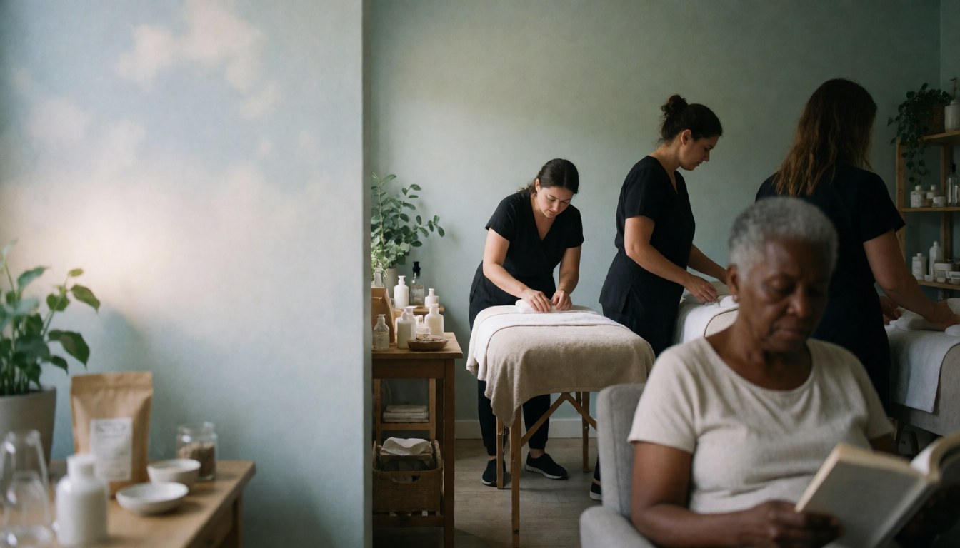 A serene spa setting featuring a treatment table, soft lighting, and green plants to promote calm and mental well-being
