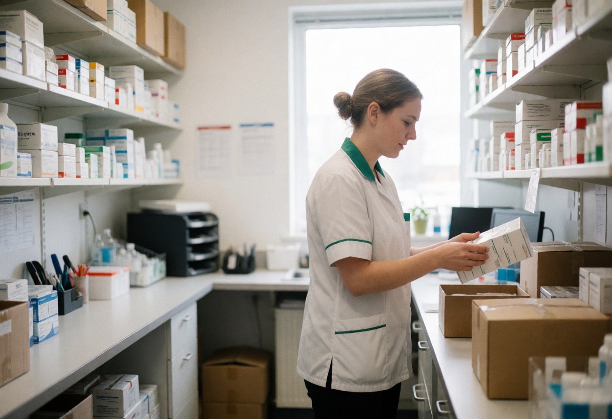 A person organizing medical inventory boxes on shelves in a physical therapy office