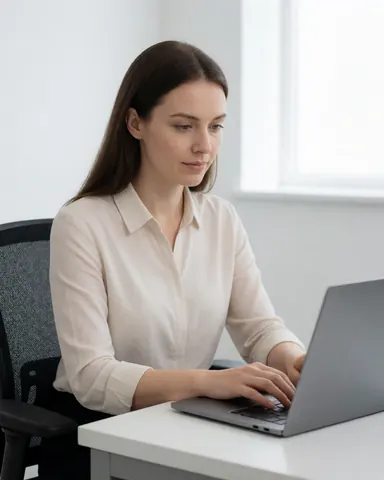 A focused female professional works on a laptop at a desk, performing digital quality control tasks in a bright office environment with natural light from a window.