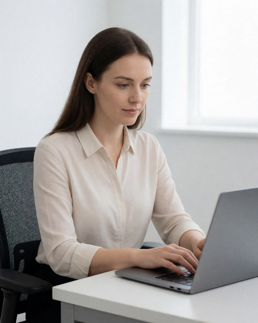 A focused female professional works on a laptop at a desk, performing digital quality control tasks in a bright office environment with natural light from a window.