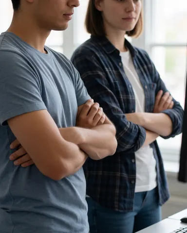 Two software developers with crossed arms look at a computer screen in a lab setting with natural light, wearing casual clothes and showing focused expressions.