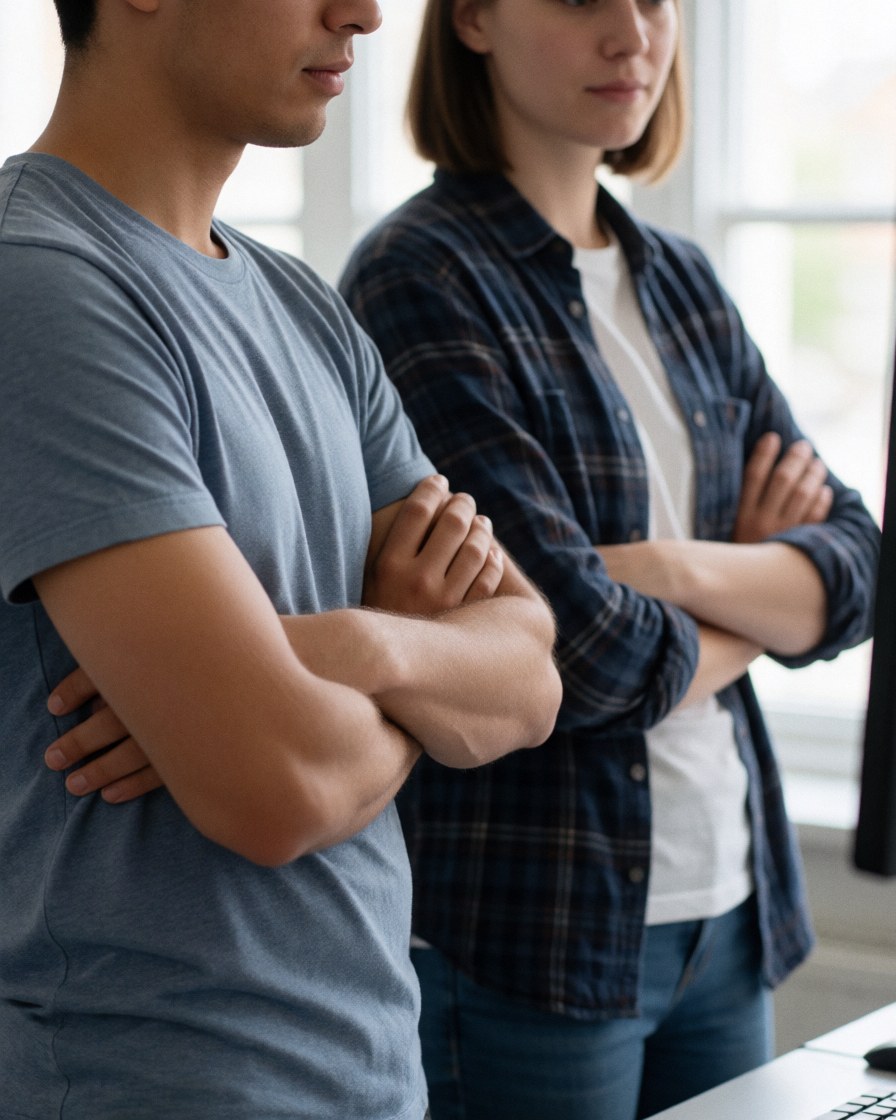 Two software developers with crossed arms look at a computer screen in a lab setting with natural light, wearing casual clothes and showing focused expressions.