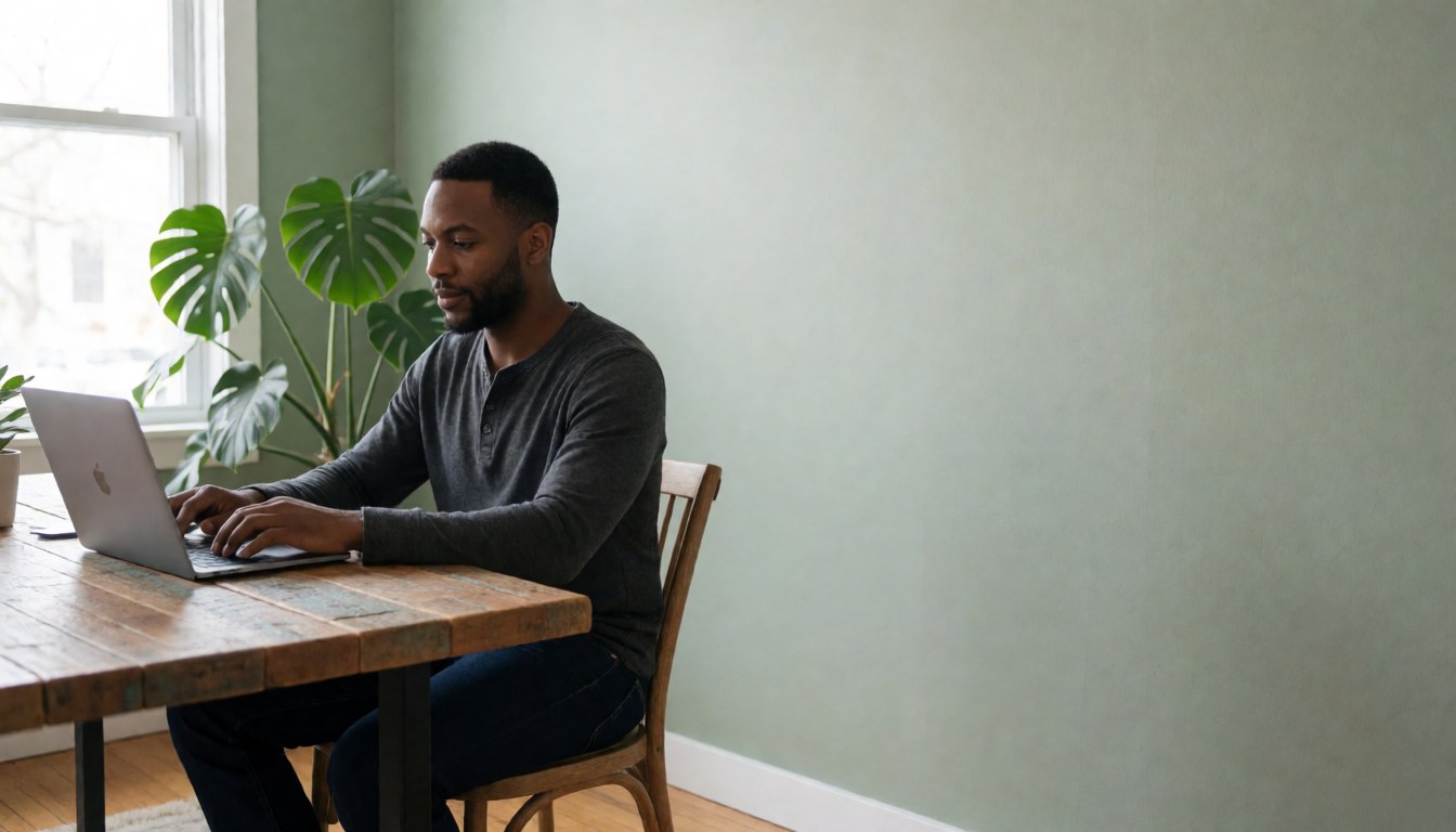 A professional man sits at a reclaimed wood desk working on a laptop with a monstera plant and sage green wall in the background
