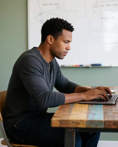 Young professional man focused on laptop at wooden desk in modern office with green walls and whiteboard diagrams