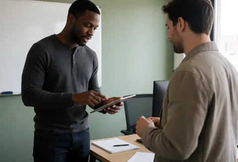 A professional in a sage green office shows something on a tablet to a seated client. Both are focused on the screen in a collaborative setting with a desk, computer, and notebook visible.