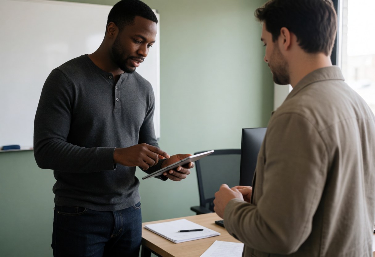 A professional in a sage green office shows something on a tablet to a seated client. Both are focused on the screen in a collaborative setting with a desk, computer, and notebook visible.