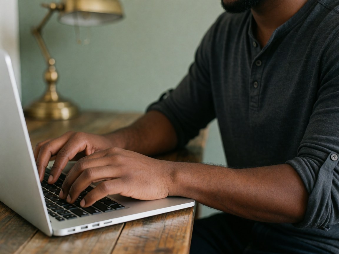 A close-up view of hands typing on a laptop keyboard placed on a wooden desk, with a bronze lamp providing warm lighting for a professional workspace.