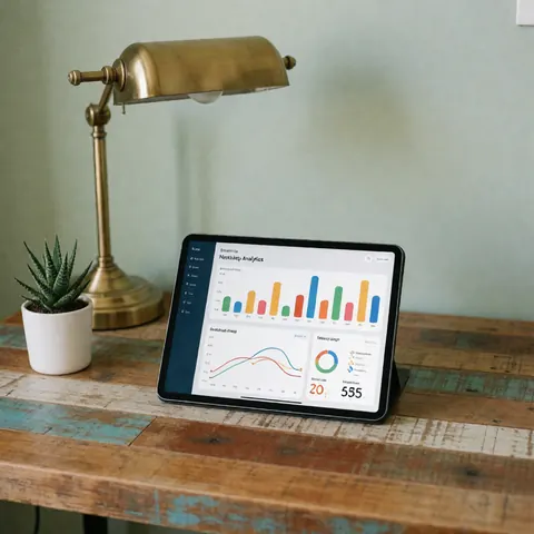Tablet displaying a marketing dashboard on a wooden desk with a succulent plant and lamp, ideal for digital marketing agencies