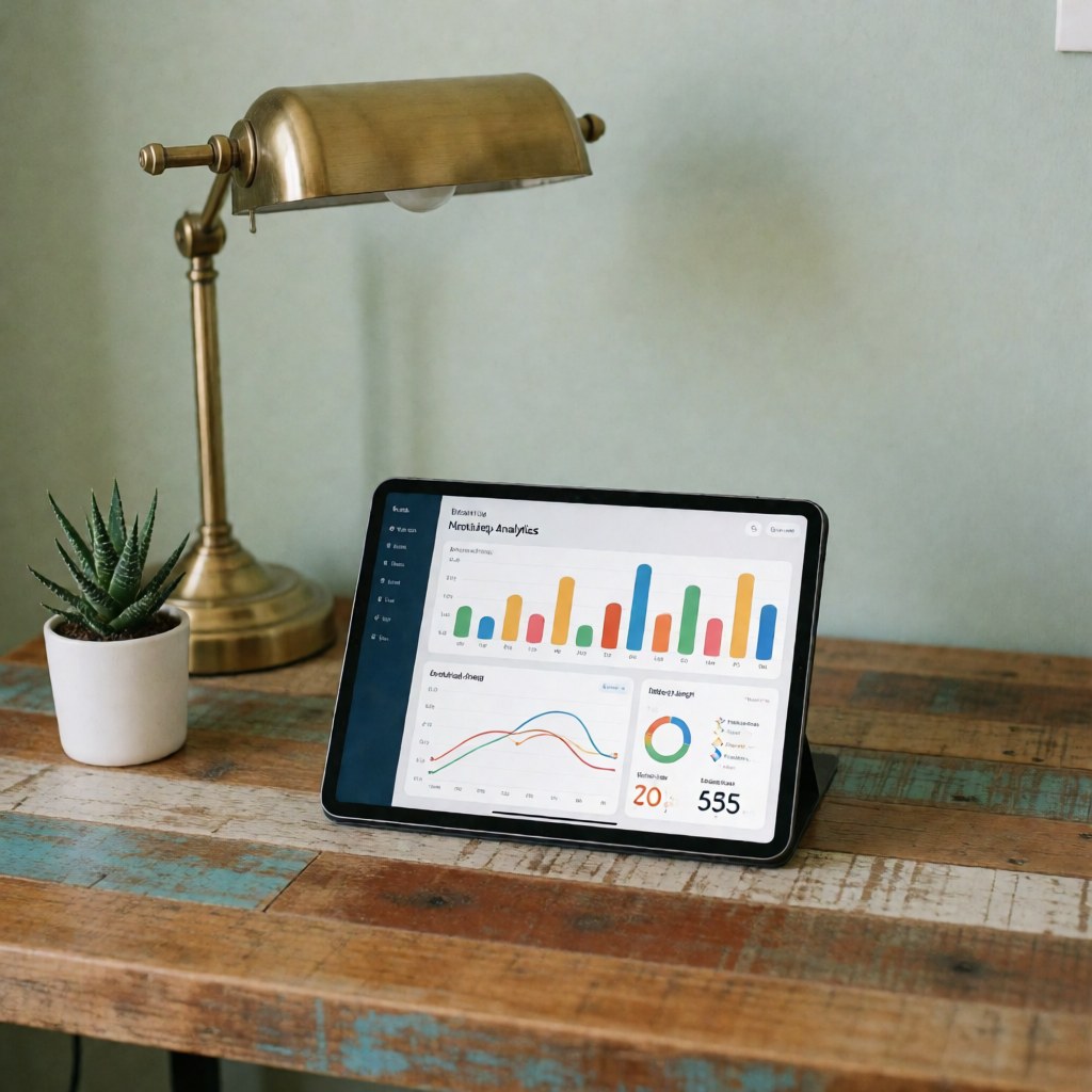 Tablet displaying a marketing dashboard on a wooden desk with a succulent plant and lamp, ideal for digital marketing agencies