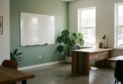A clean and bright modern office interior featuring a sleek desk, a whiteboard, and lush green monstera plants against concrete walls, creating a professional and creative atmosphere for business strategy and design.