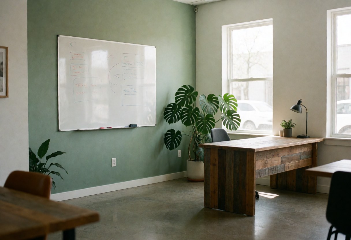 A clean and bright modern office interior featuring a sleek desk, a whiteboard, and lush green monstera plants against concrete walls, creating a professional and creative atmosphere for business strategy and design.